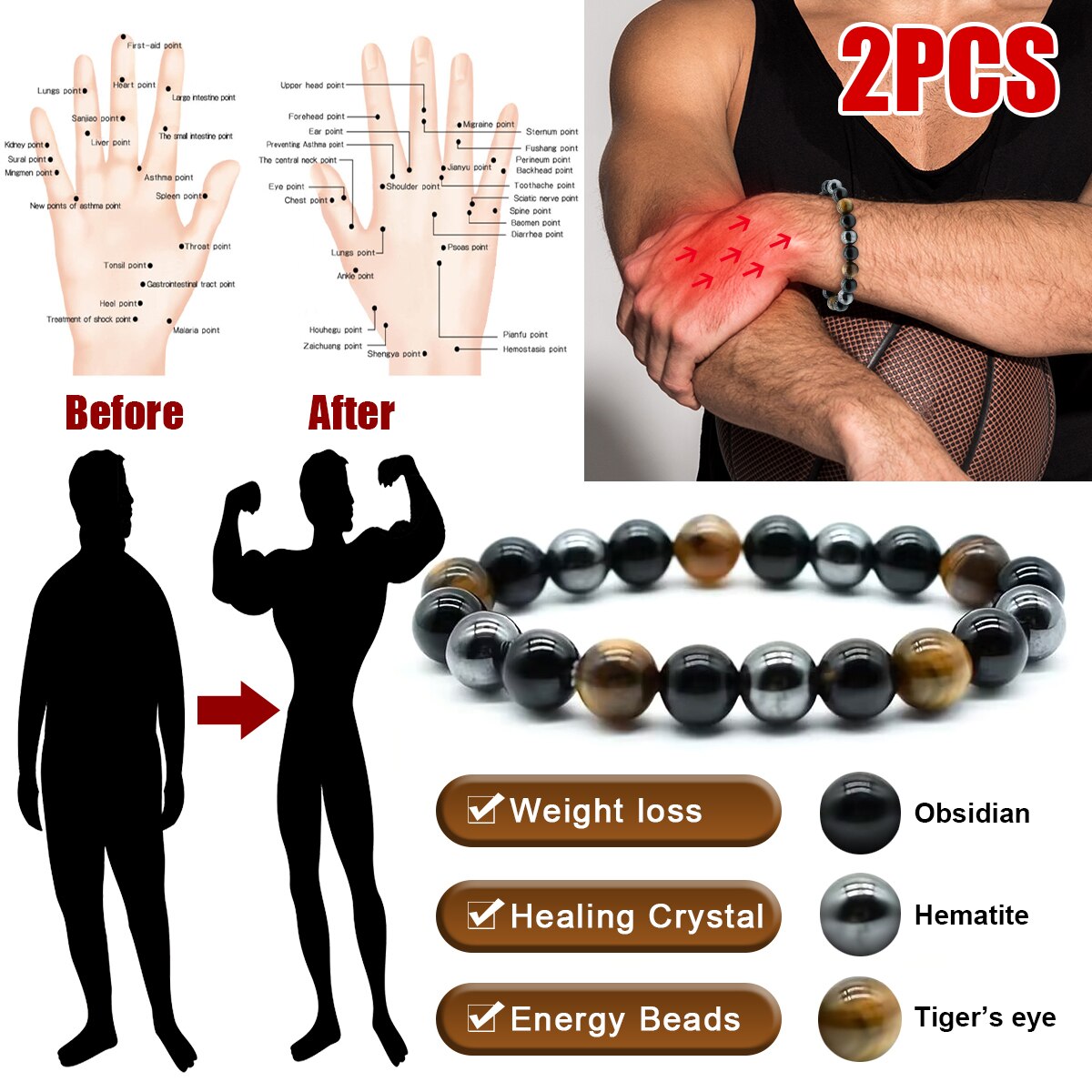 Coordinates Bracelet - 2PCS/Set Triple Protection Bracelet- Tiger's Eye,