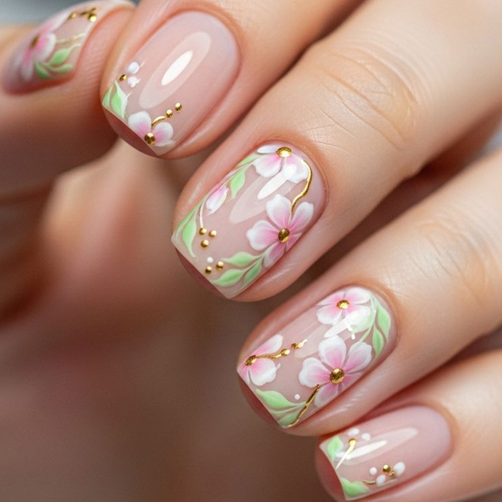 Pressed Flower Art - Short Medium fake nails for women