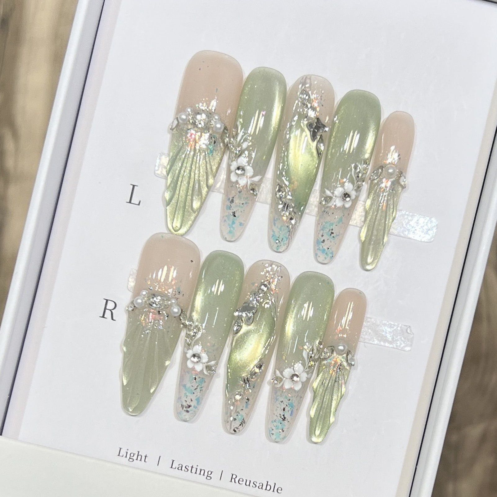 10pcs Long Almond Fake Nails T - Pressed Flower Art review and price