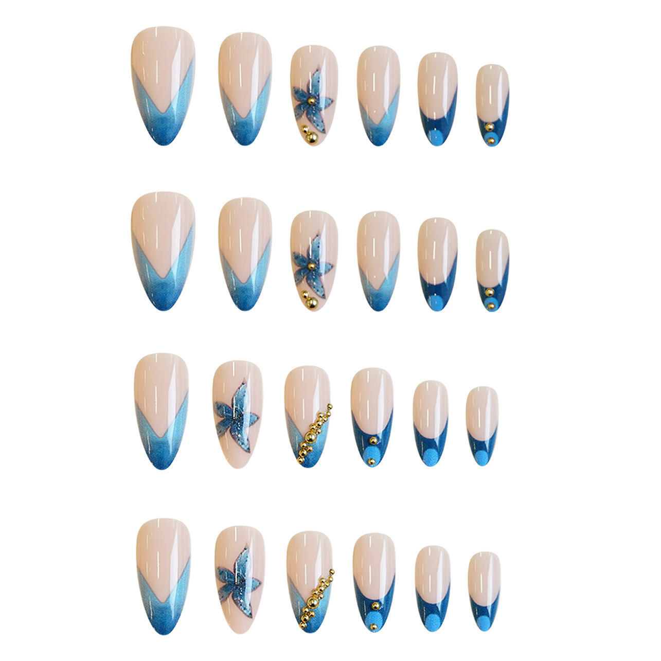 Nude fake nails with pink blue - Pressed Flower Art review and price