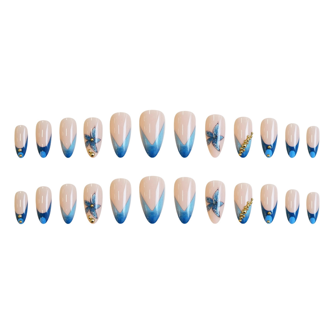 Nude fake nails with pink blue - Pressed Flower Art review and price